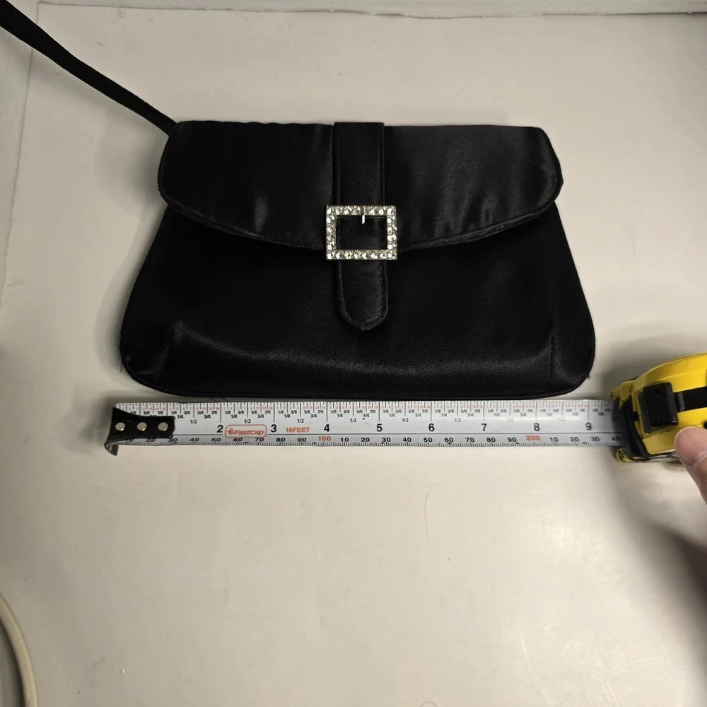 Black Satin‎ Clutch Evening Bag Rhinestone Buckle Wristlet Formal Party